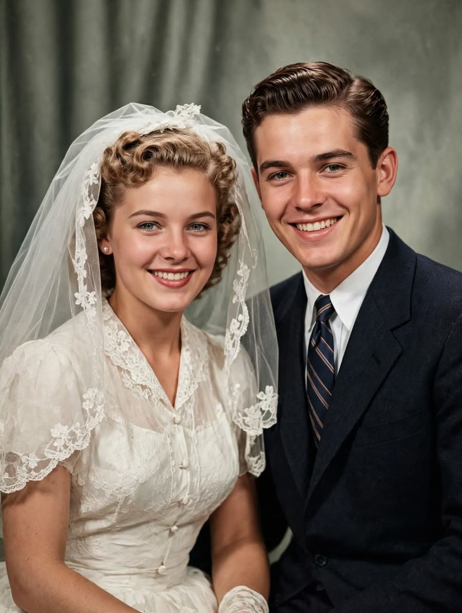 Same fictional wedding photo restored in colour
