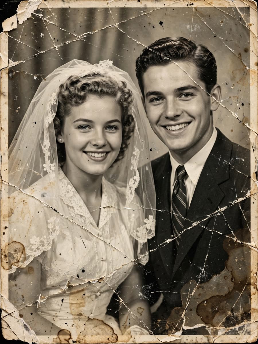 Fictional damaged wedding scan from 1958 before restore